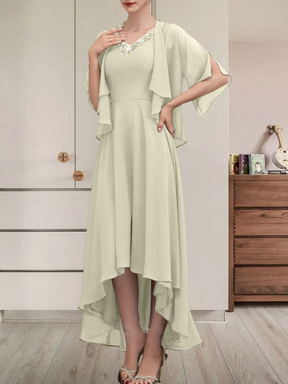 Vestido de gasa asimétrico para madre de la novia con escote en V, corte A y lentejuelas con abalorios