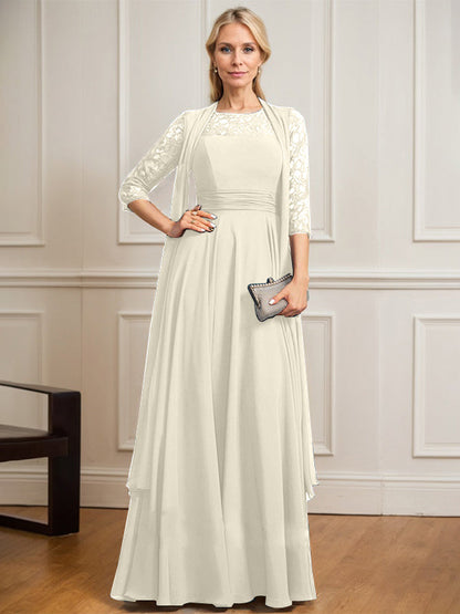 A-Linie U-Ausschnitt Illusion Bodenlang Spitze Chiffon Mutter der Braut Kleid Mit Plissee 
