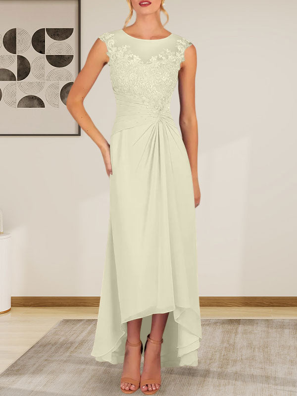 Champagne A-Line Scoop Lace Chiffon Dress