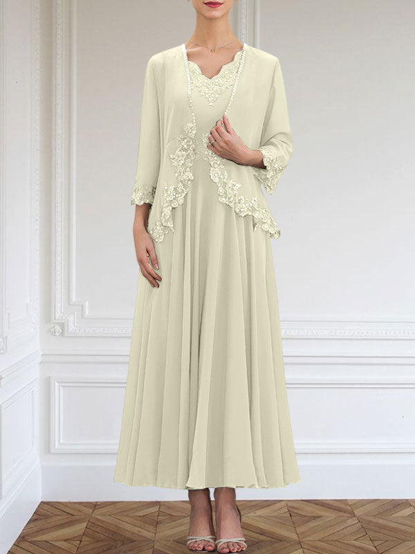 Robe de mère de la mariée en mousseline, ligne A, col en V, longueur cheville, ornée de paillettes, appliques en dentelle et perles