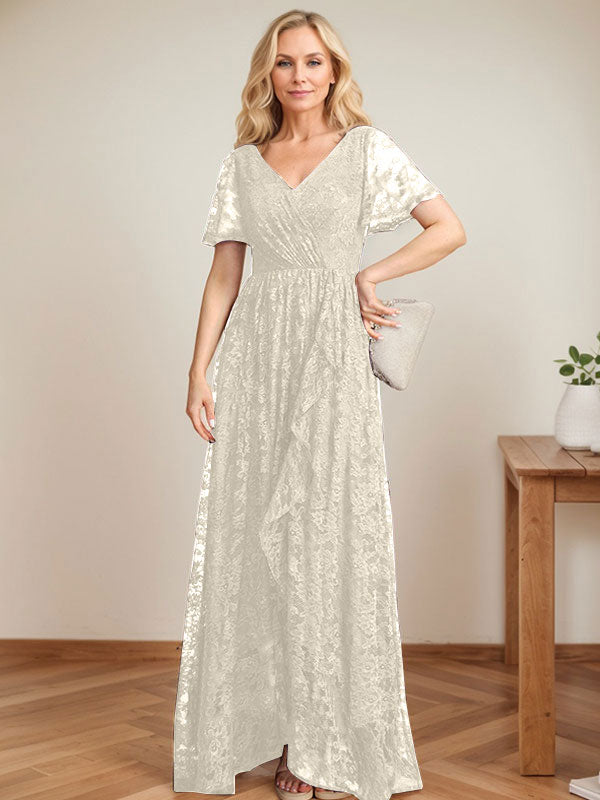 Robe de mère de la mariée en dentelle asymétrique à encolure en V et coupe en A avec volants en cascade