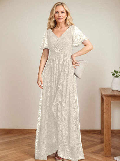 A-Line V-Neck Asymmetrical Lace Mother of the Bride Dress With Cascading Ruffles