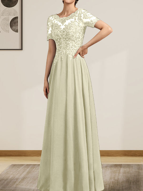 A-Linie U-Ausschnitt Illusion Bodenlang Chiffon Spitze Mutter der Braut Kleid mit Pailletten Perlen