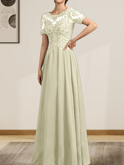 A-Linie U-Ausschnitt Illusion Bodenlang Chiffon Spitze Mutter der Braut Kleid mit Pailletten Perlen