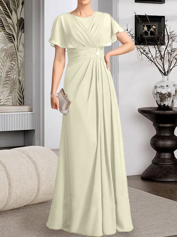 Robe de mère de la mariée en mousseline, longueur au sol, en ligne A, décolleté arrondi, ornée de perles plissées