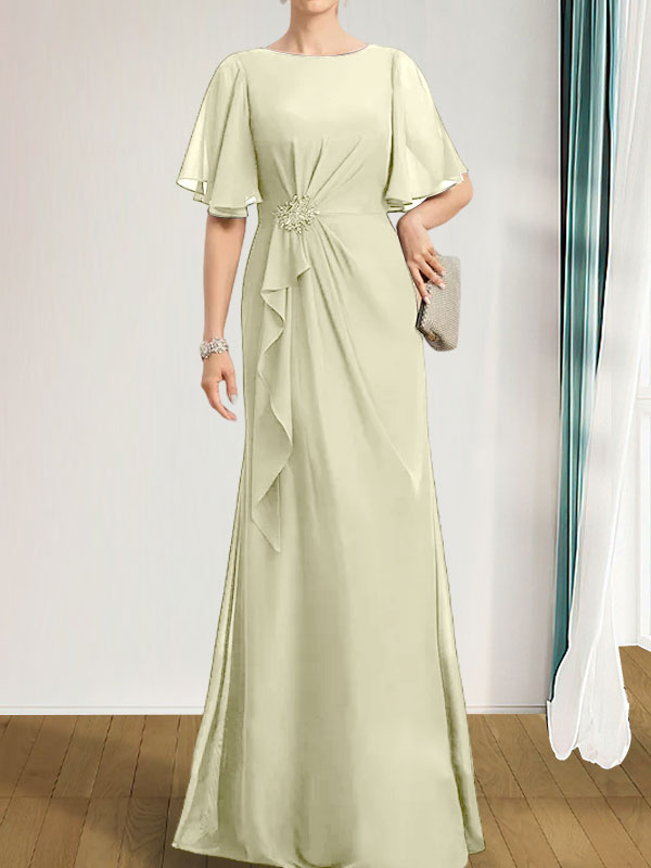 Robe de mère de la mariée en mousseline longueur au sol, en ligne A, décolleté arrondi, avec volants en cascade, perles et paillettes