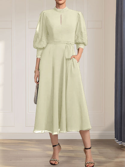 A-line High Neck Tea-Length Lace Chiffon Mother of the Bride Dress With Bow