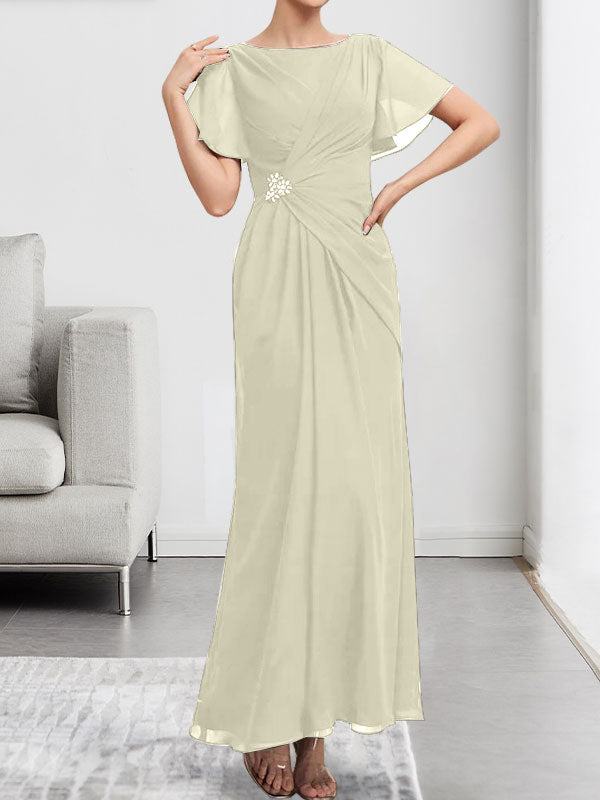 Robe de mère de la mariée en mousseline, longueur cheville, en ligne A, encolure dégagée, ornée de perles et plissée