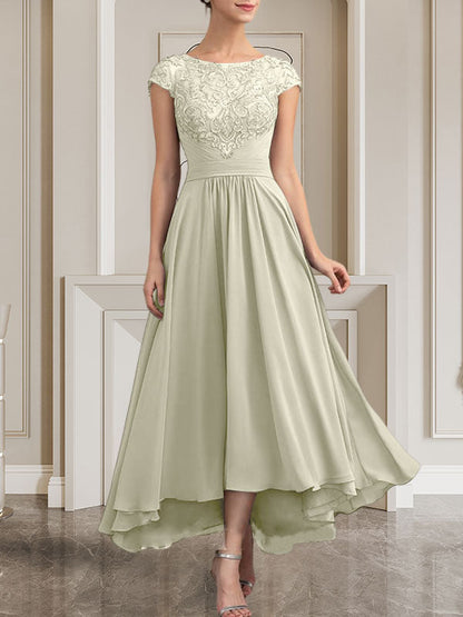 A-Linie U-Ausschnitt Bodenlang Spitzen-Chiffon-Kleid für die Brautmutter mit Pailletten