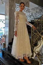 Ivory A Line Wedding Dress Victorian High Neck Pearl Button Allover Lace Sleeves