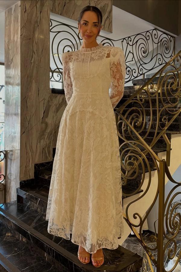 Ivory A Line Wedding Dress Victorian High Neck Pearl Button Allover Lace Sleeves