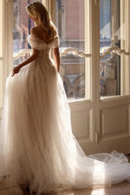 Ivory A Line Wedding Dress Off Shoulder Beaded Lace Tulle Chapel Train