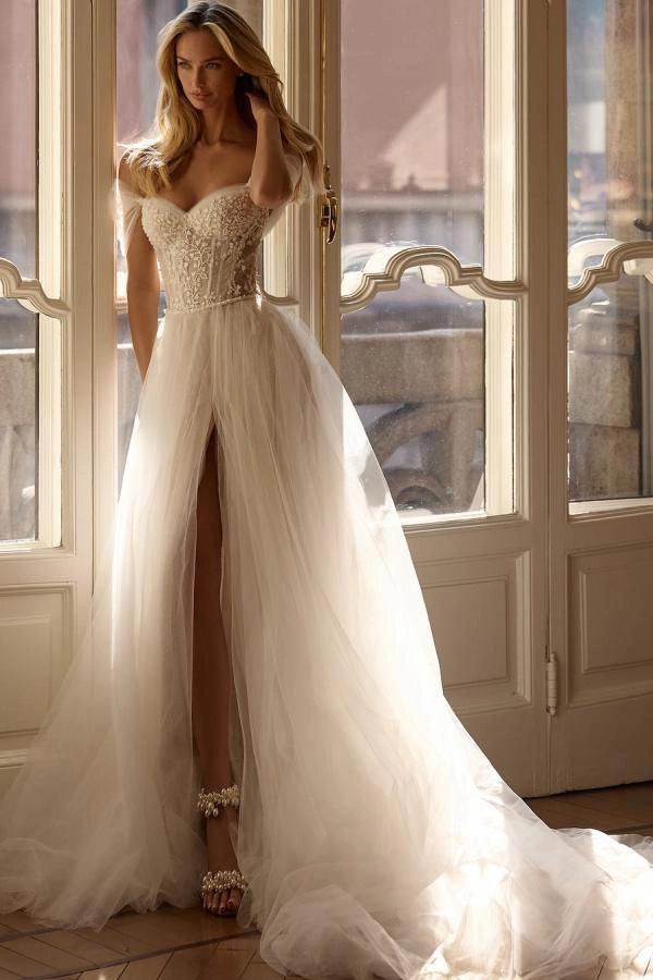 Ivory A Line Wedding Dress Off Shoulder Beaded Lace Tulle Chapel Train