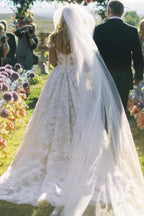 Ivory Ball Gown Wedding Dress Off Shoulder Sweetheart 3D Floral Lace Tulle Train