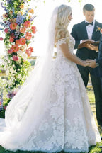Ivory Ball Gown Wedding Dress Off Shoulder Sweetheart 3D Floral Lace Tulle Train
