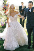 Ivory Ball Gown Wedding Dress Off Shoulder Sweetheart 3D Floral Lace Tulle Train