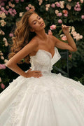 Ivory Tulle Ball Gown Strapless Sweetheart Crystal Beaded Bodice Cathedral Train