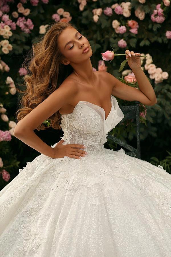 Ivory Tulle Ball Gown Strapless Sweetheart Crystal Beaded Bodice Cathedral Train