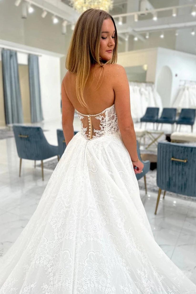 Ivory Lace A Line Wedding Dress Strapless Sweetheart Illusion Beaded Train