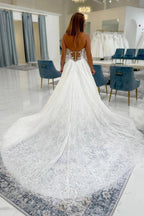 Ivory Lace A Line Wedding Dress Strapless Sweetheart Illusion Beaded Train