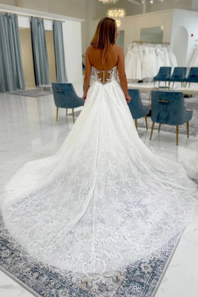 Ivory Lace A Line Wedding Dress Strapless Sweetheart Illusion Beaded Train