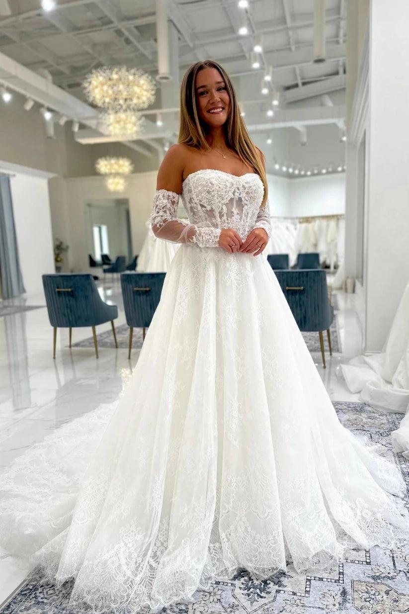 Ivory Lace A Line Wedding Dress Strapless Sweetheart Illusion Beaded Train