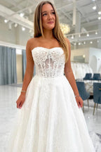Ivory Lace A Line Wedding Dress Strapless Sweetheart Illusion Beaded Train
