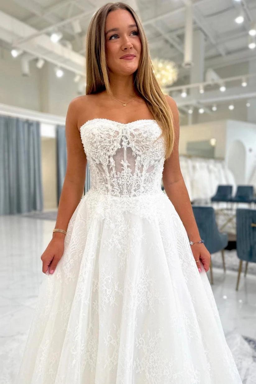 Ivory Lace A Line Wedding Dress Strapless Sweetheart Illusion Beaded Train