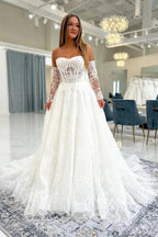 Ivory Lace A Line Wedding Dress Strapless Sweetheart Illusion Beaded Train