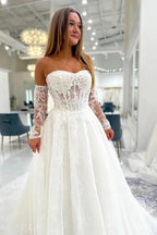 Ivory Lace A Line Wedding Dress Strapless Sweetheart Illusion Beaded Train