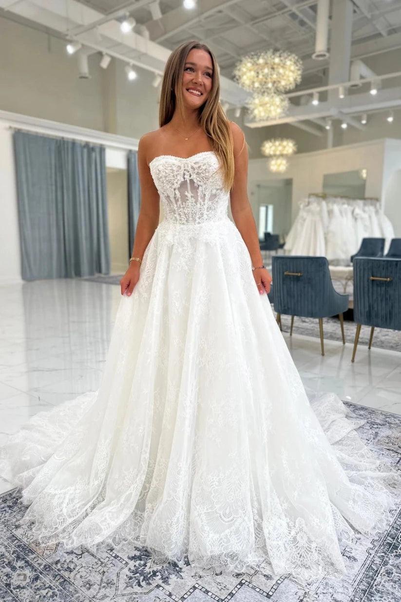 Ivory Lace A Line Wedding Dress Strapless Sweetheart Illusion Beaded Train