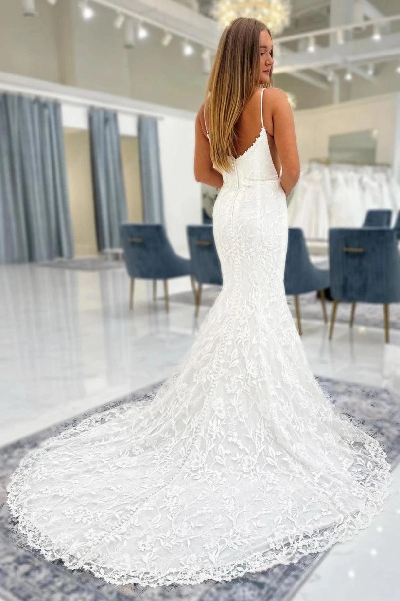 Ivory Lace Mermaid Wedding Dress With Spaghetti Straps Deep V Bodice Open Back