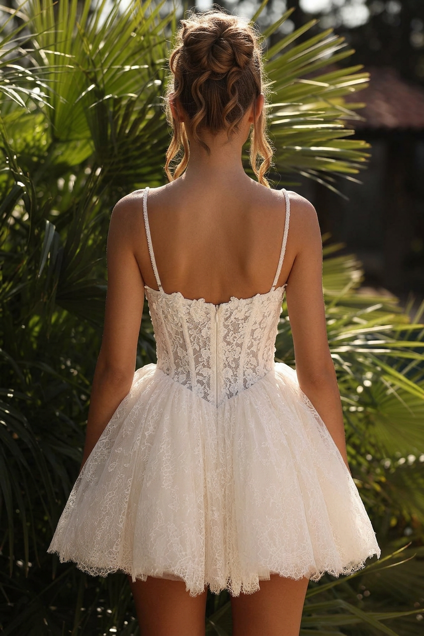 Ivory Lace Tulle Mini Wedding Dress With Spaghetti Straps And Sweetheart Bodice