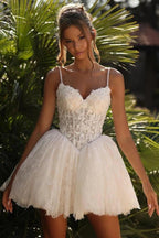 Ivory Lace Tulle Mini Wedding Dress With Spaghetti Straps And Sweetheart Bodice