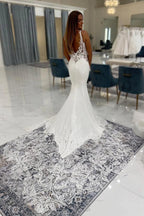Ivory Mermaid Wedding Dress With Deep V Neck Lace Straps And Crepe Skirt