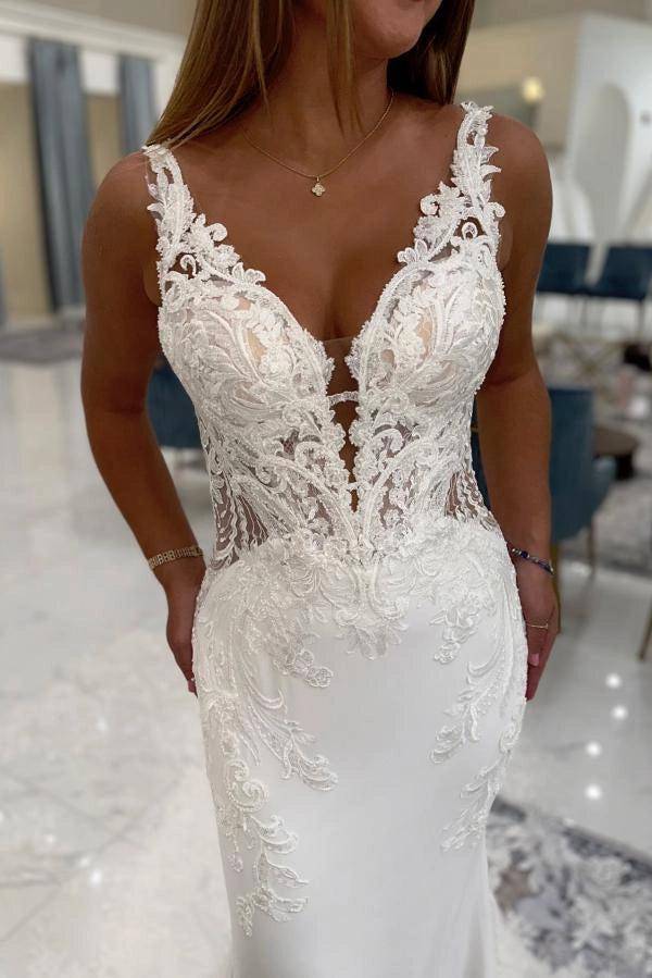 Ivory Mermaid Wedding Dress With Deep V Neck Lace Straps And Crepe Skirt
