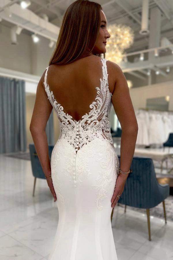 Ivory Mermaid Wedding Dress With Deep V Neck Lace Straps And Crepe Skirt
