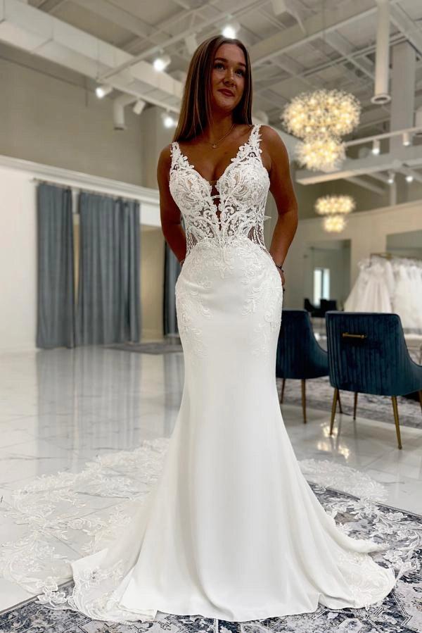 Ivory Mermaid Wedding Dress With Deep V Neck Lace Straps And Crepe Skirt