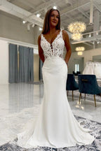 Ivory Mermaid Wedding Dress With Deep V Neck Lace Straps And Crepe Skirt