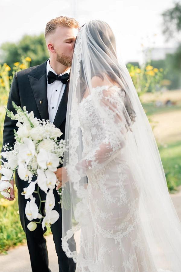 Ivory Mermaid Wedding Dress Off Shoulder Lace Sleeves Floral Applique Gown