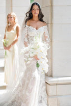 Ivory Mermaid Wedding Dress Off Shoulder Lace Sleeves Floral Applique Gown