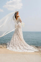 Ivory Mermaid Wedding Dress Off Shoulder Lace Sleeves Floral Applique Gown