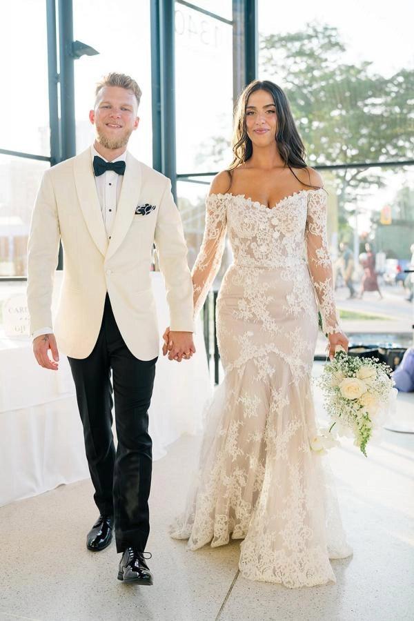 Ivory Mermaid Wedding Dress Off Shoulder Lace Sleeves Floral Applique Gown
