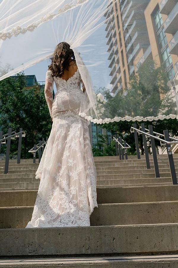 Ivory Mermaid Wedding Dress Off Shoulder Lace Sleeves Floral Applique Gown