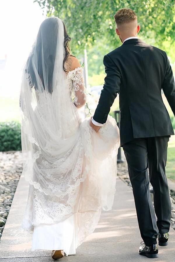 Ivory Mermaid Wedding Dress Off Shoulder Lace Sleeves Floral Applique Gown