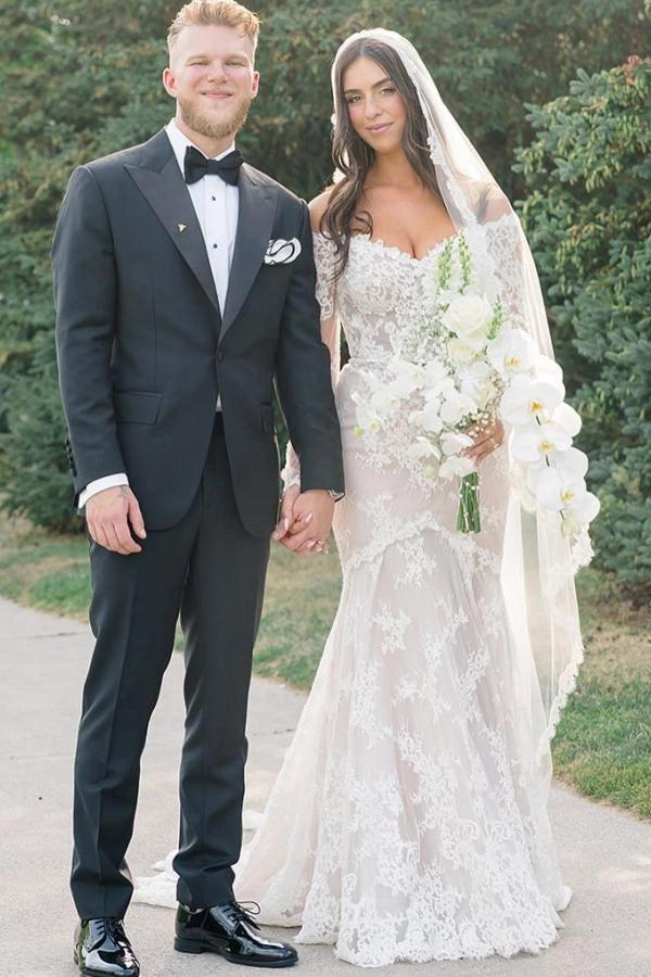 Ivory Mermaid Wedding Dress Off Shoulder Lace Sleeves Floral Applique Gown