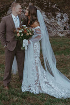 Ivory Mermaid Wedding Dress 3D Floral Lace Appliques And Detachable Sleeves