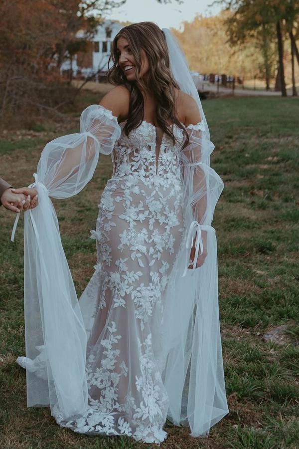 Ivory Mermaid Wedding Dress 3D Floral Lace Appliques And Detachable Sleeves