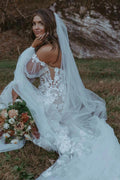 Ivory Mermaid Wedding Dress 3D Floral Lace Appliques And Detachable Sleeves