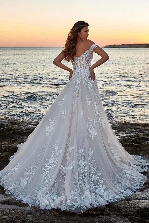 Ivory Off Shoulder Wedding Dress Ball Gown Illusion Lace Corset 3D Floral